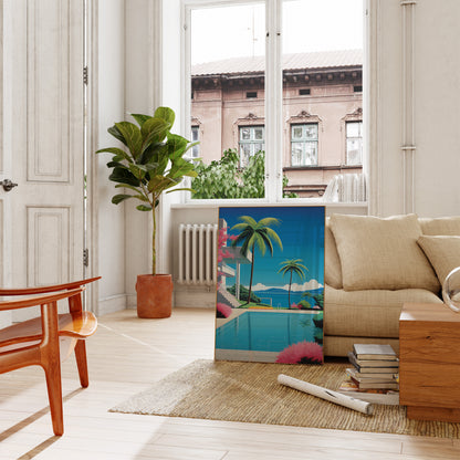 A bright, artistic poster in a cozy living room with modern furniture and a plant.