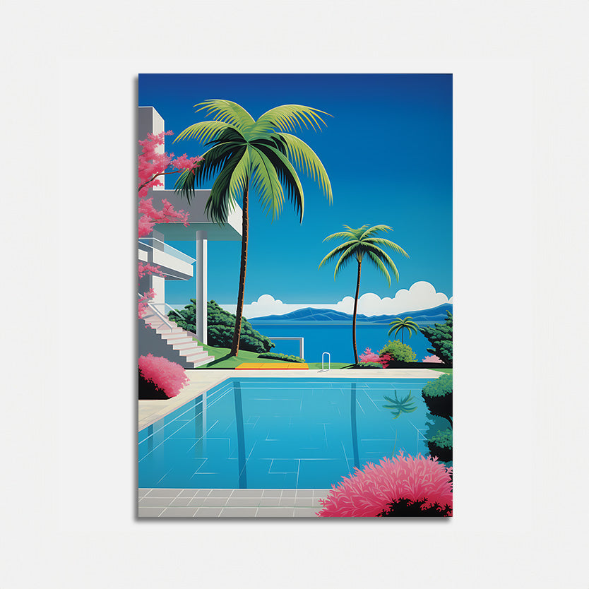 Stylized illustration of a poolside view with palm trees and pink foliage against a blue sky.