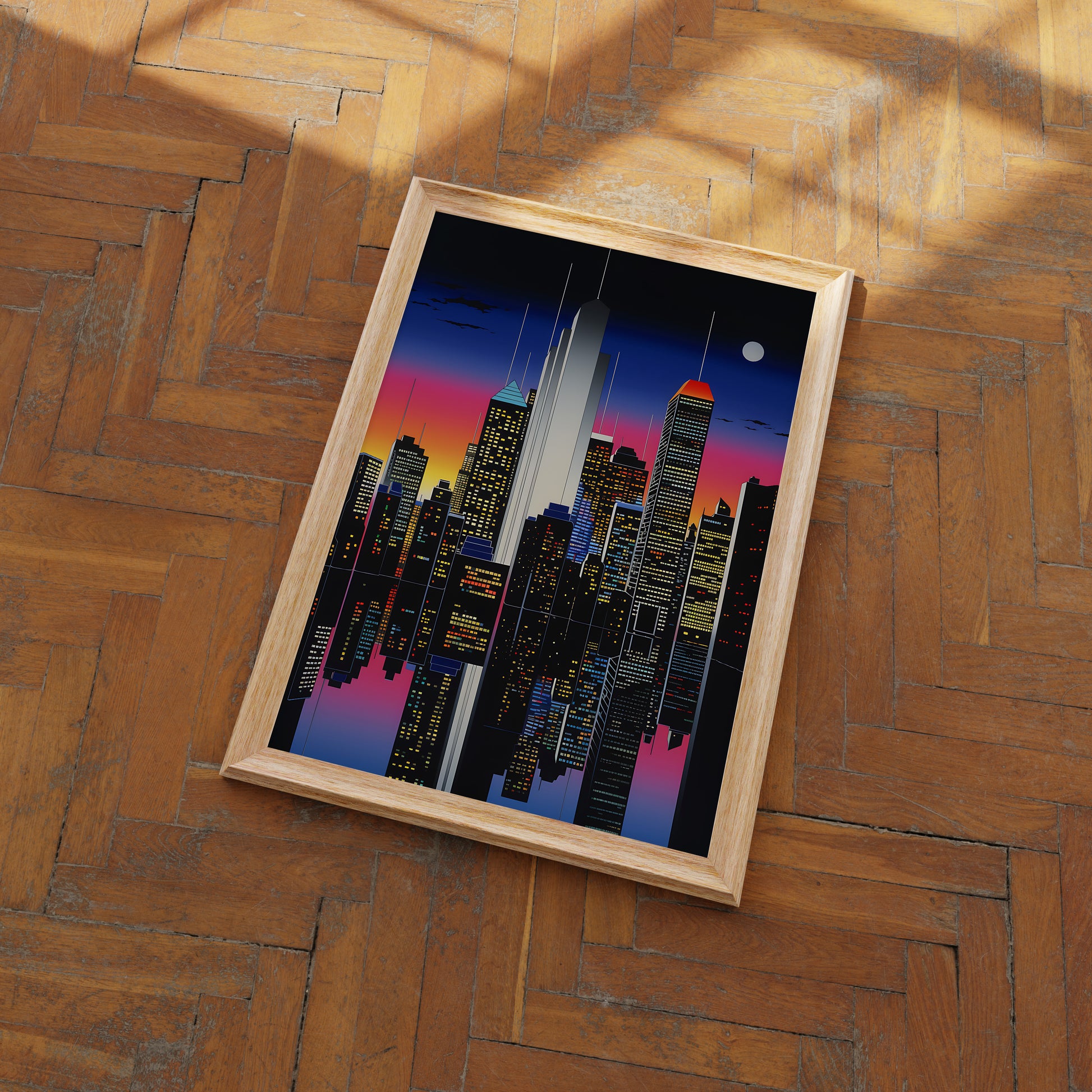 A framed cityscape poster on a wooden floor.