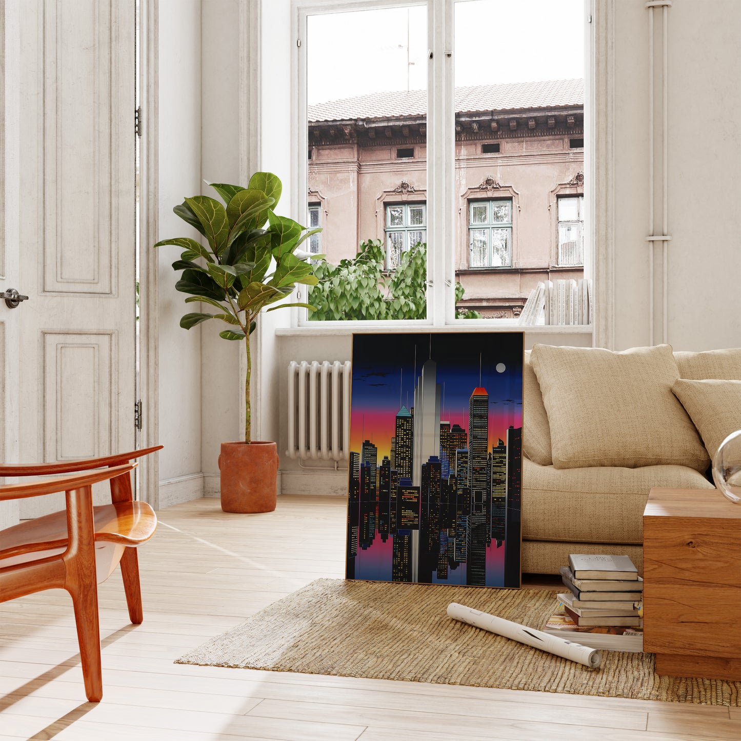 A modern living room with a cityscape painting leaning against the wall.