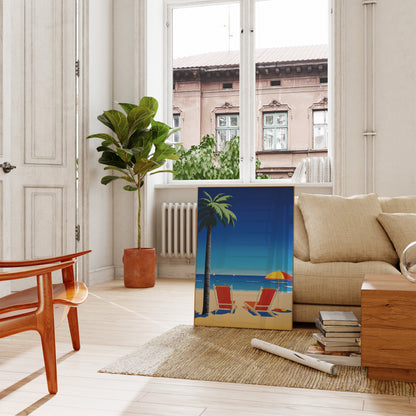 A cozy living room with a beach-themed painting leaning against the wall.
