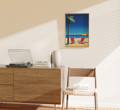A sunny room with a beach poster on the wall, a record player on a wooden cabinet, and a chair.