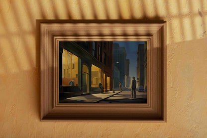 A framed painting of a street scene with shadows and pedestrians displayed on a wall.