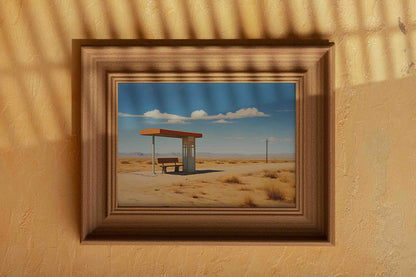 A framed painting of a solitary bus stop in a desert landscape on a wall.