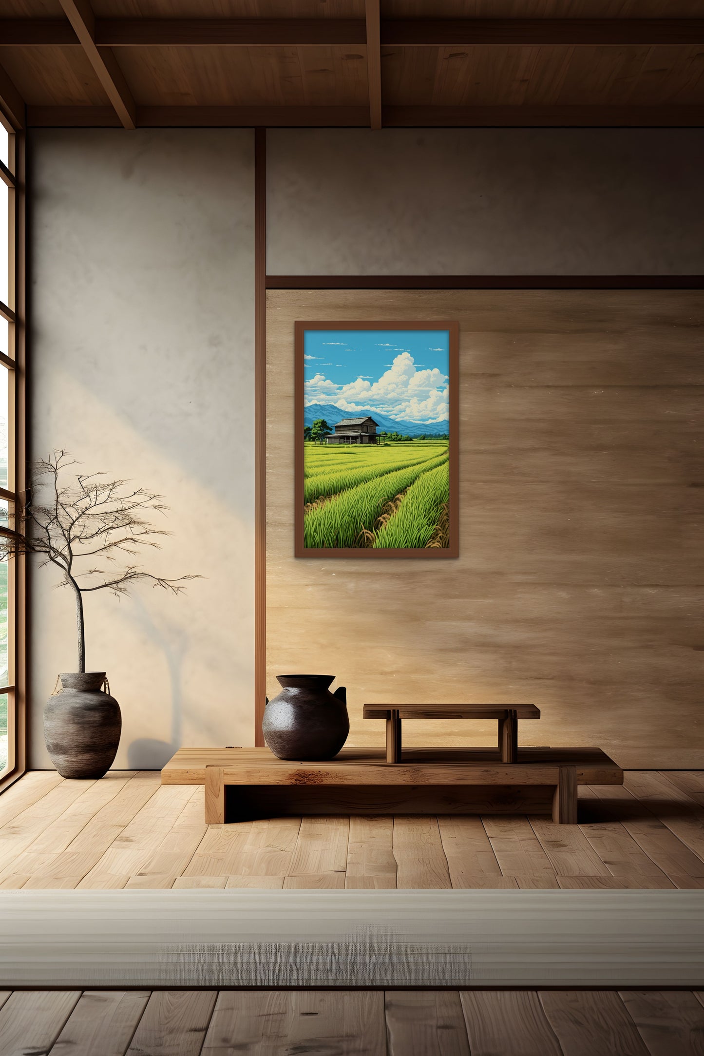 A tranquil Japanese style room with a painting, wooden bench, and vases.