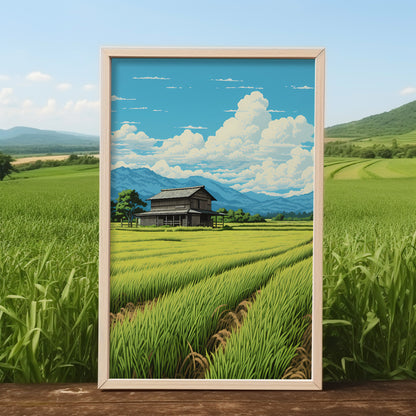 Framed artwork of a scenic countryside with a house, clouds, and green fields.