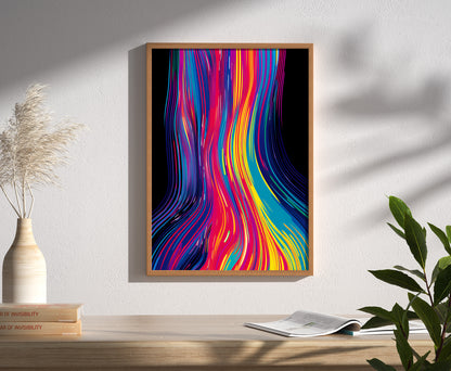 A colorful abstract painting in a frame on a white wall, beside a vase and plant.