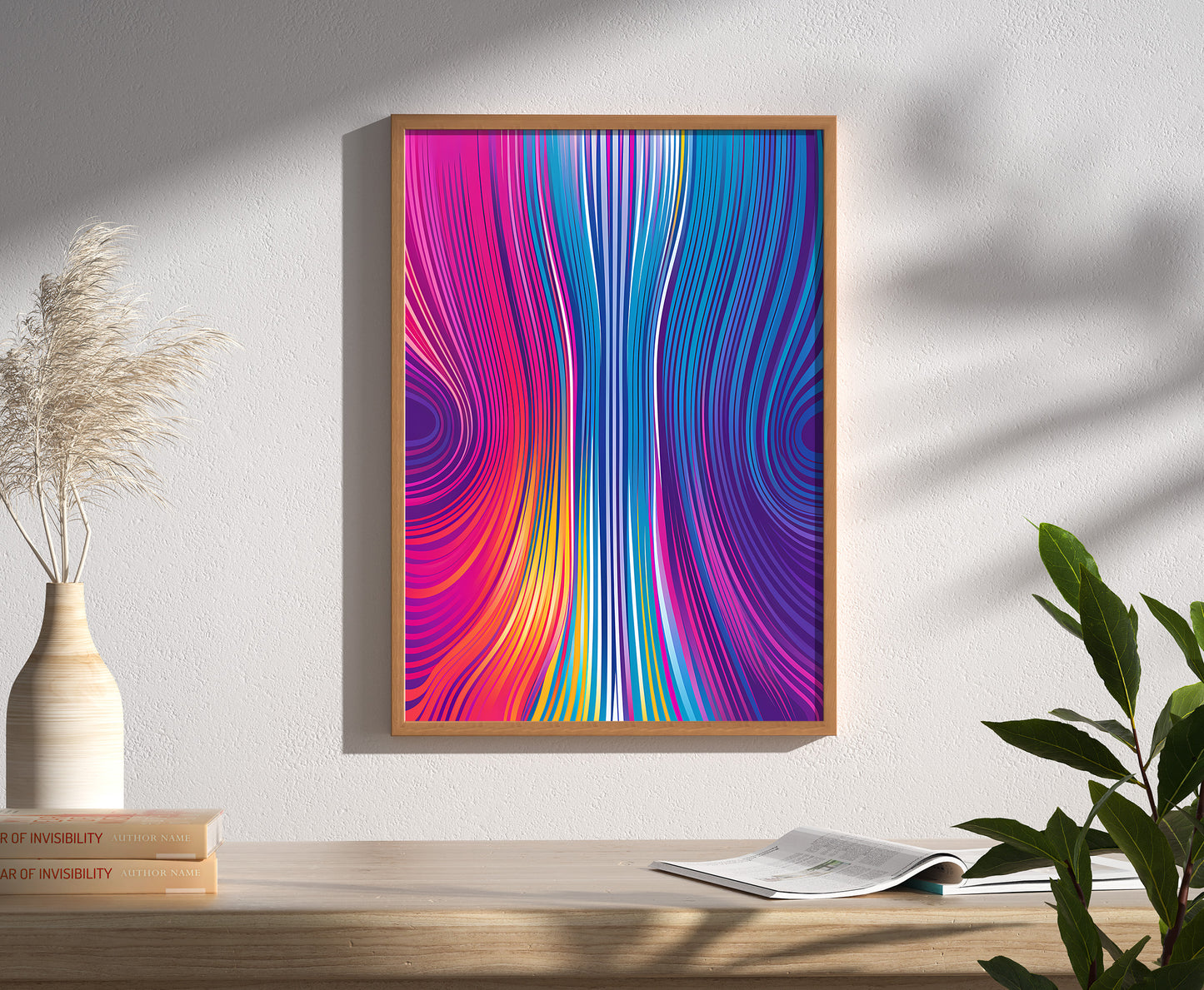 Colorful abstract art print framed on a wall, with a plant and books on a side table.