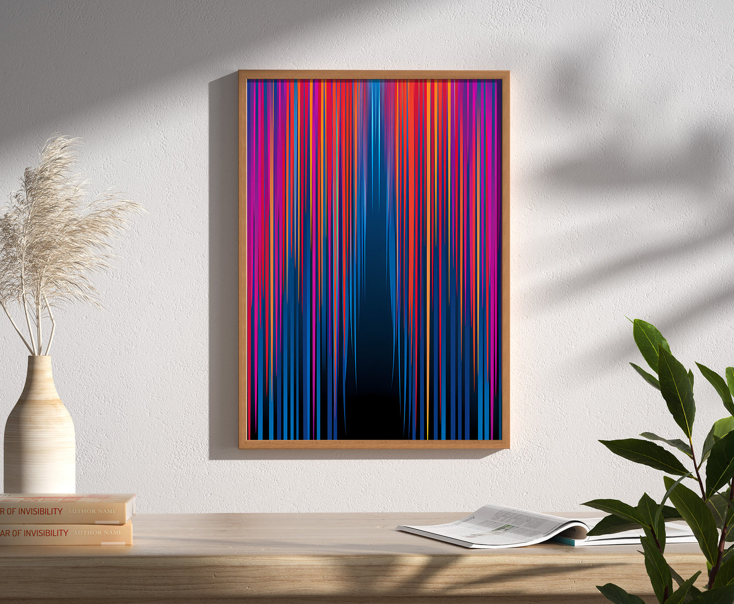 A colorful striped abstract art piece hanging on a wall above a houseplant and books.
