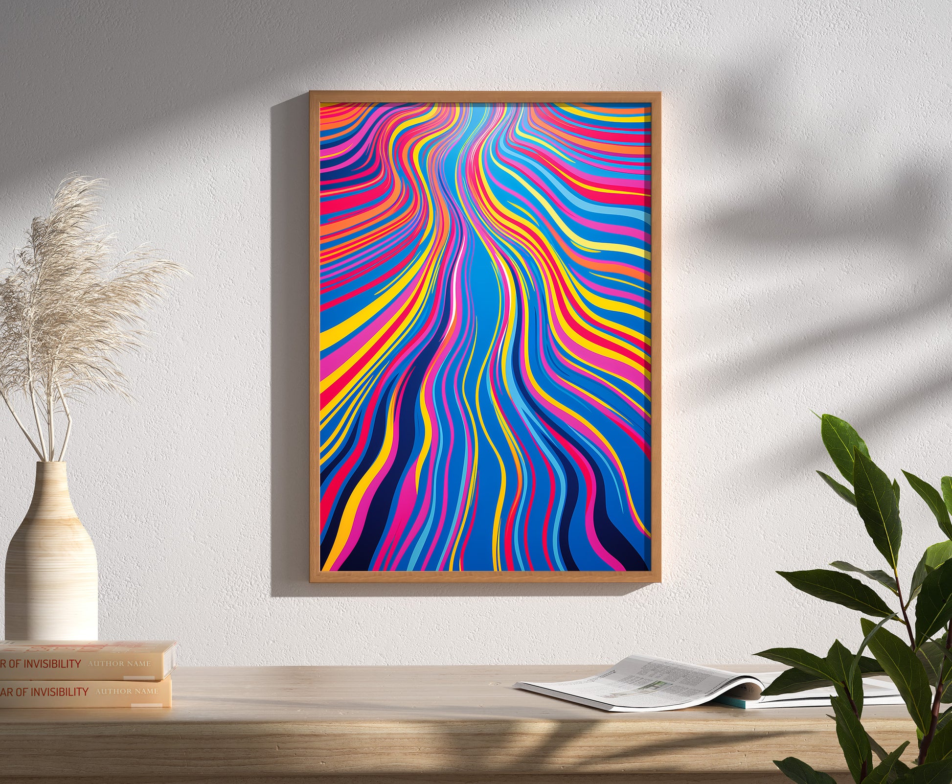 A colorful wavy abstract painting hanging on a wall in a bright room with a vase and plant.