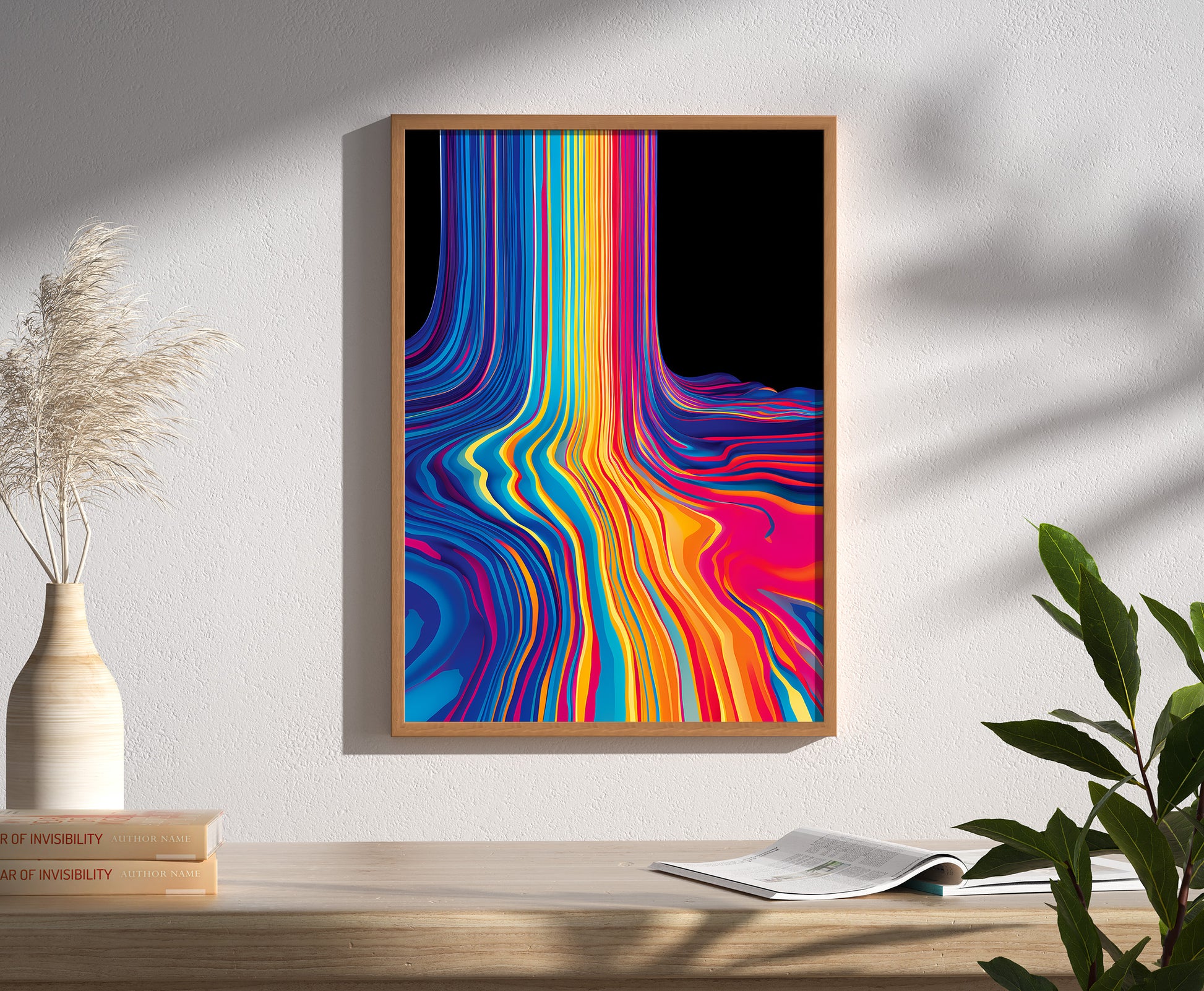 Abstract colorful wavy lines art in a frame on a wall with plant and books.