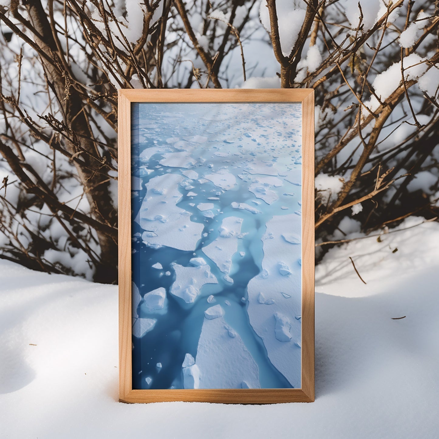 A framed picture of a blue sky with clouds placed upright on snow-covered ground.