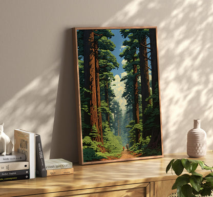 A framed painting of a forest with tall trees on a shelf, alongside books and decorative items.