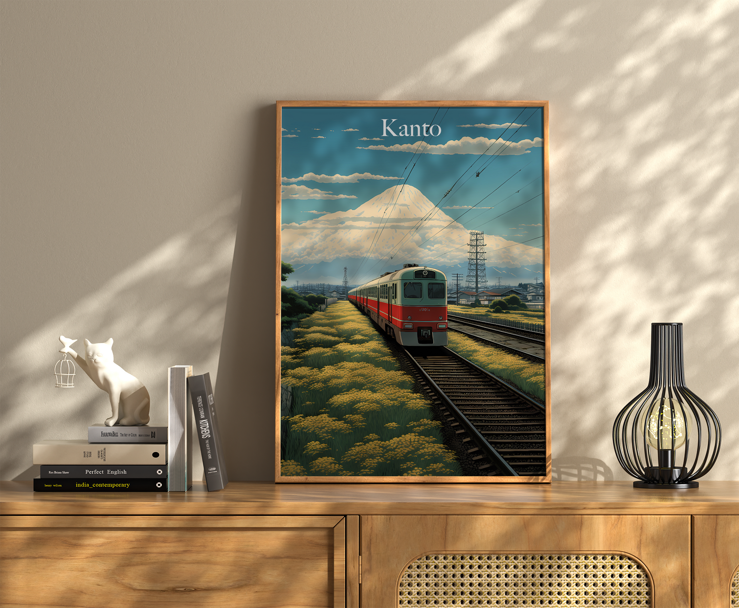 A vintage-style travel poster of Kanto featuring Mount Fuji and a train.