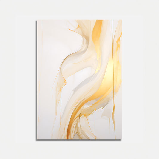 Abstract painting with flowing gold and white patterns on canvas.