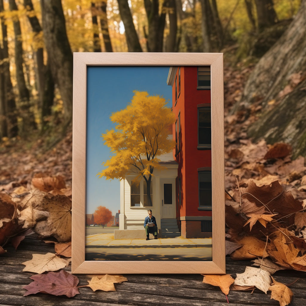 A framed picture of a person sitting in front of a red building with a yellow tree, set among autumn leaves.