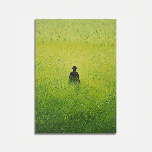 A painting of a person sitting in a vast, green grassy field.