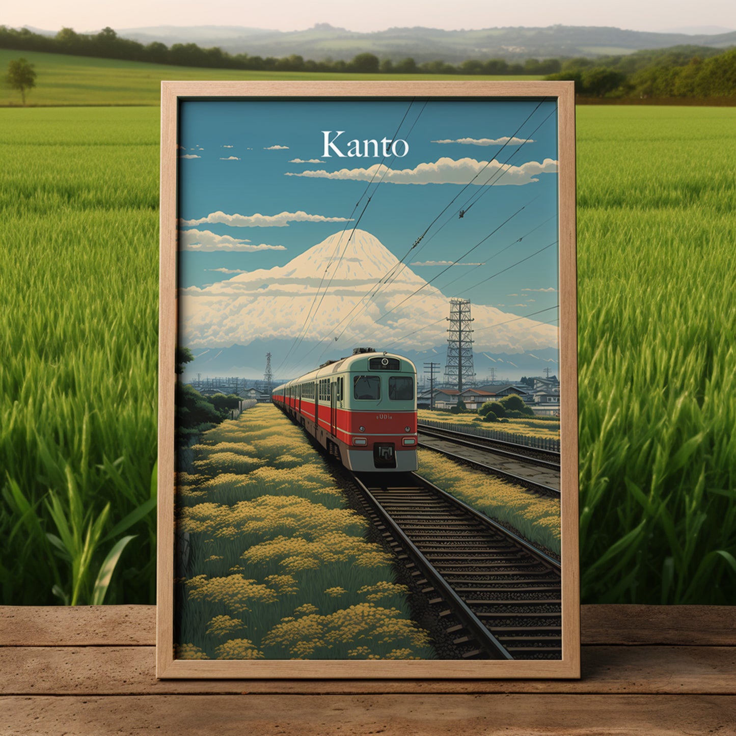 A framed poster of a train in the Kanto region with Mount Fuji in the background, displayed on a wooden surface.