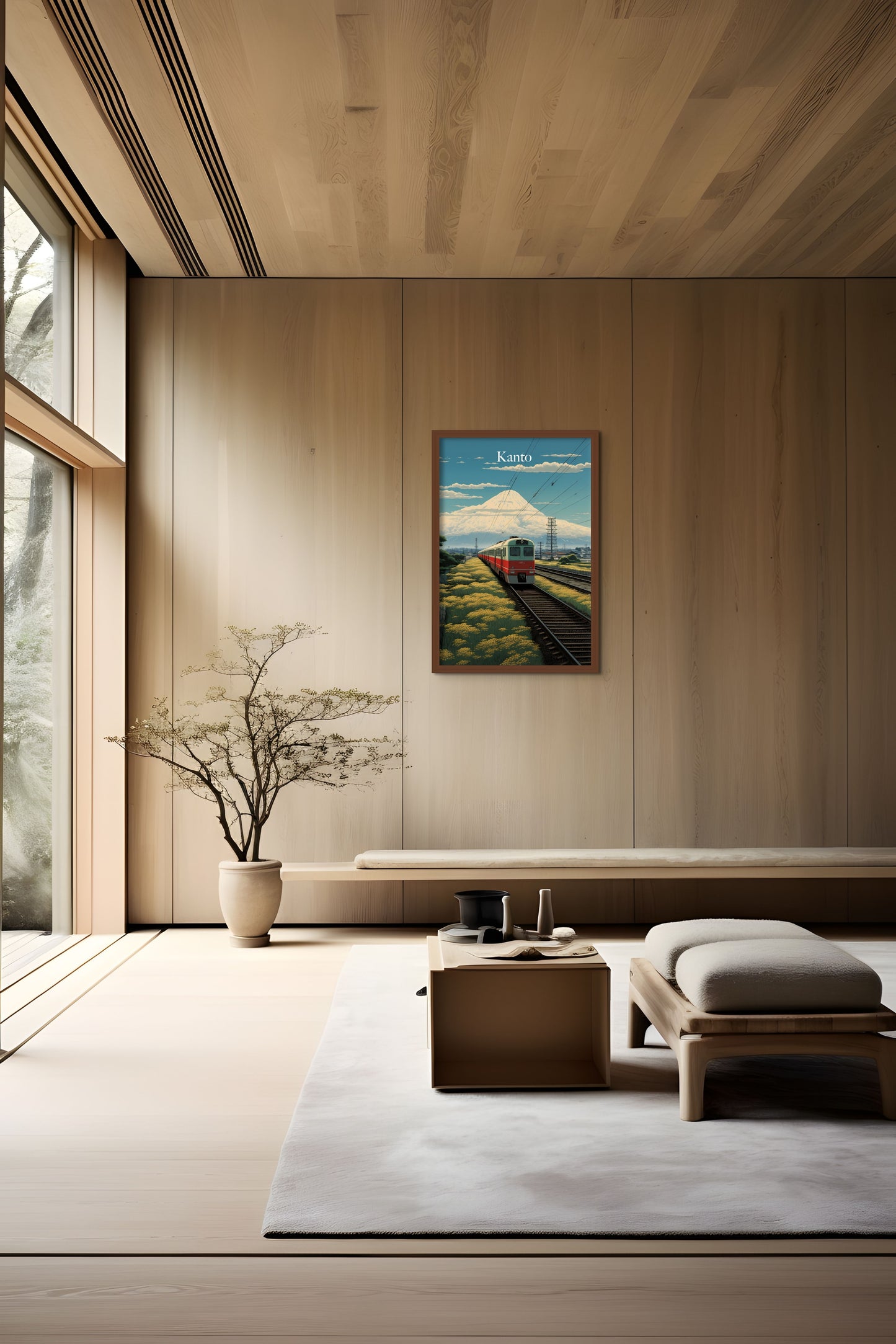 A serene modern interior with a bench, chair, side table, and a painting of a train on a wooden wall.