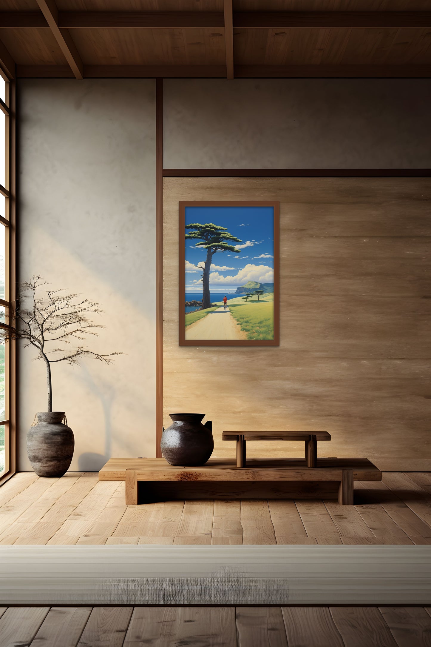 Minimalist Japanese-style room with a painting on the wall, wooden bench, and decorative pots.
