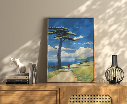 A framed painting of a scenic landscape on a wall above a cabinet with books and decorative items.