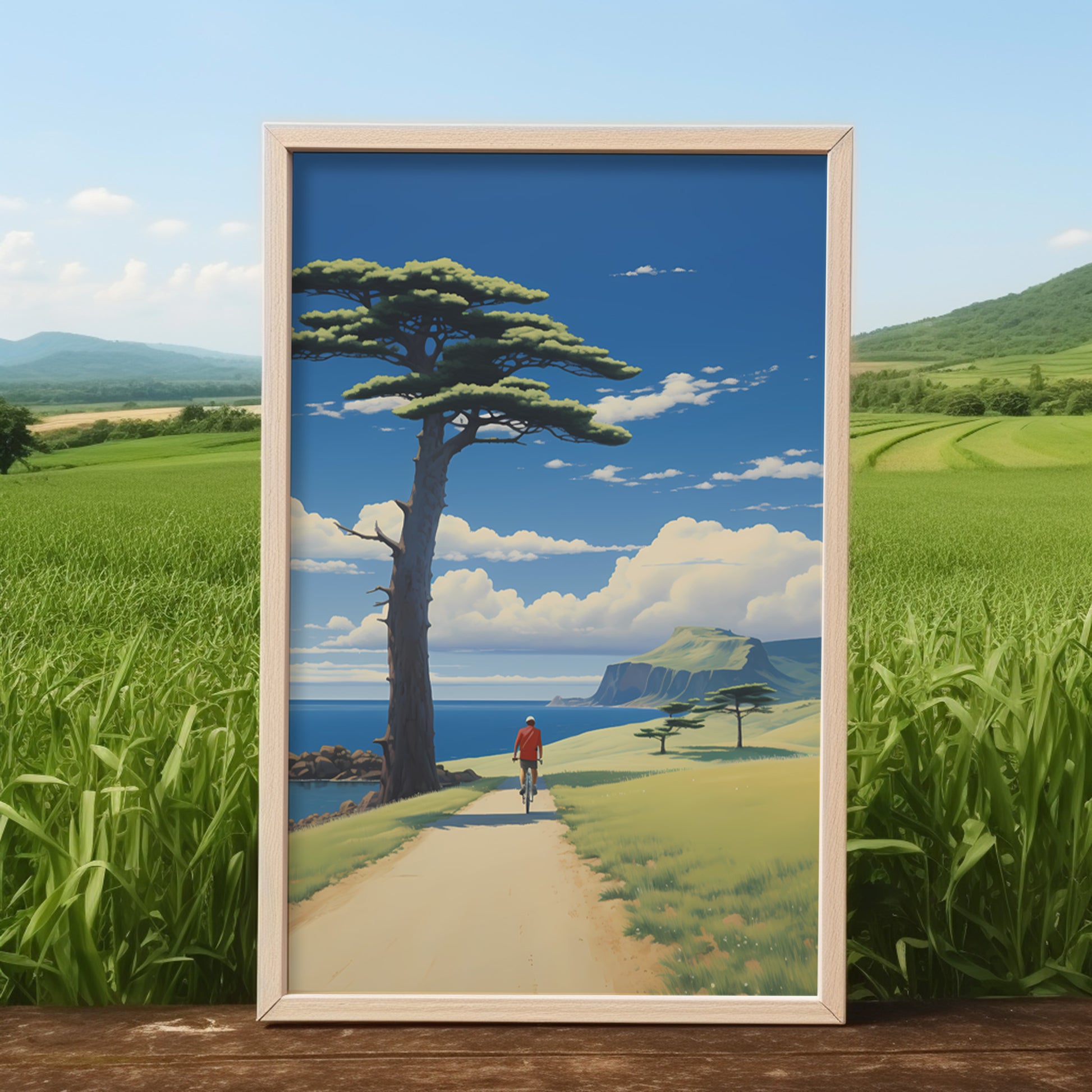 A painting of a person walking on a path toward the sea, framed and standing in a grassy field.