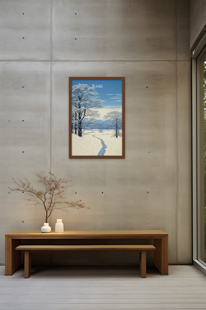 A framed painting on a concrete wall above a wooden bench with candles and a plant.