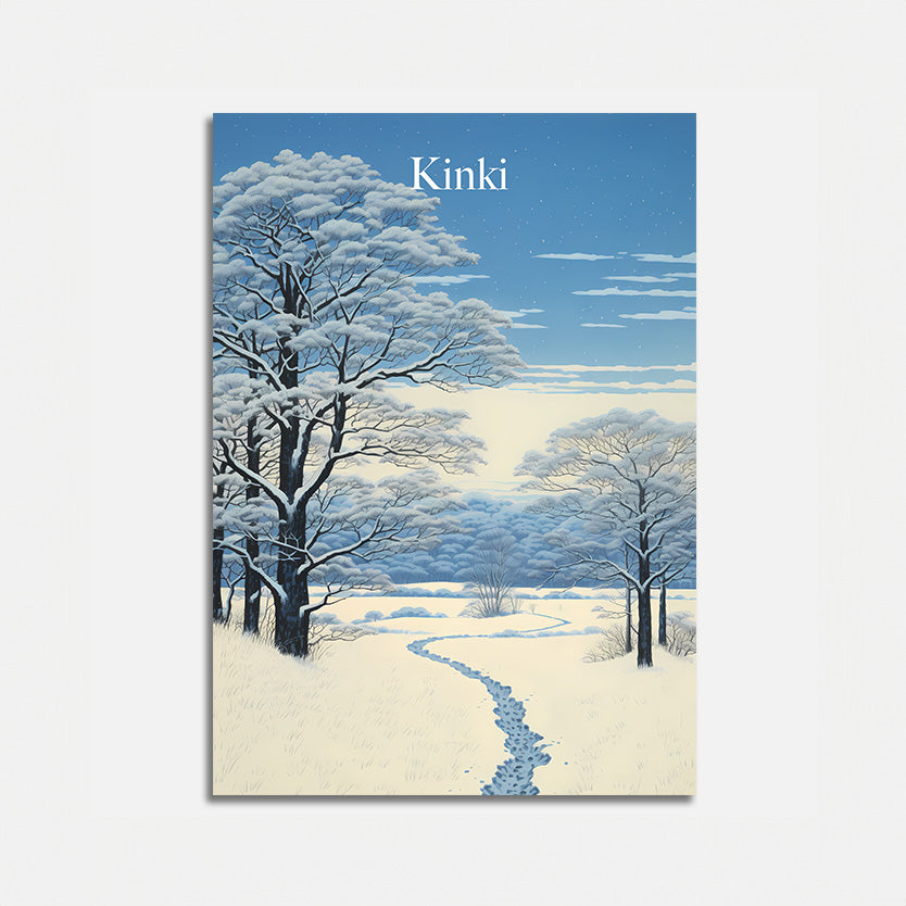 A poster with the word "Kinki" over a stylized illustration of a snowy landscape and trees.