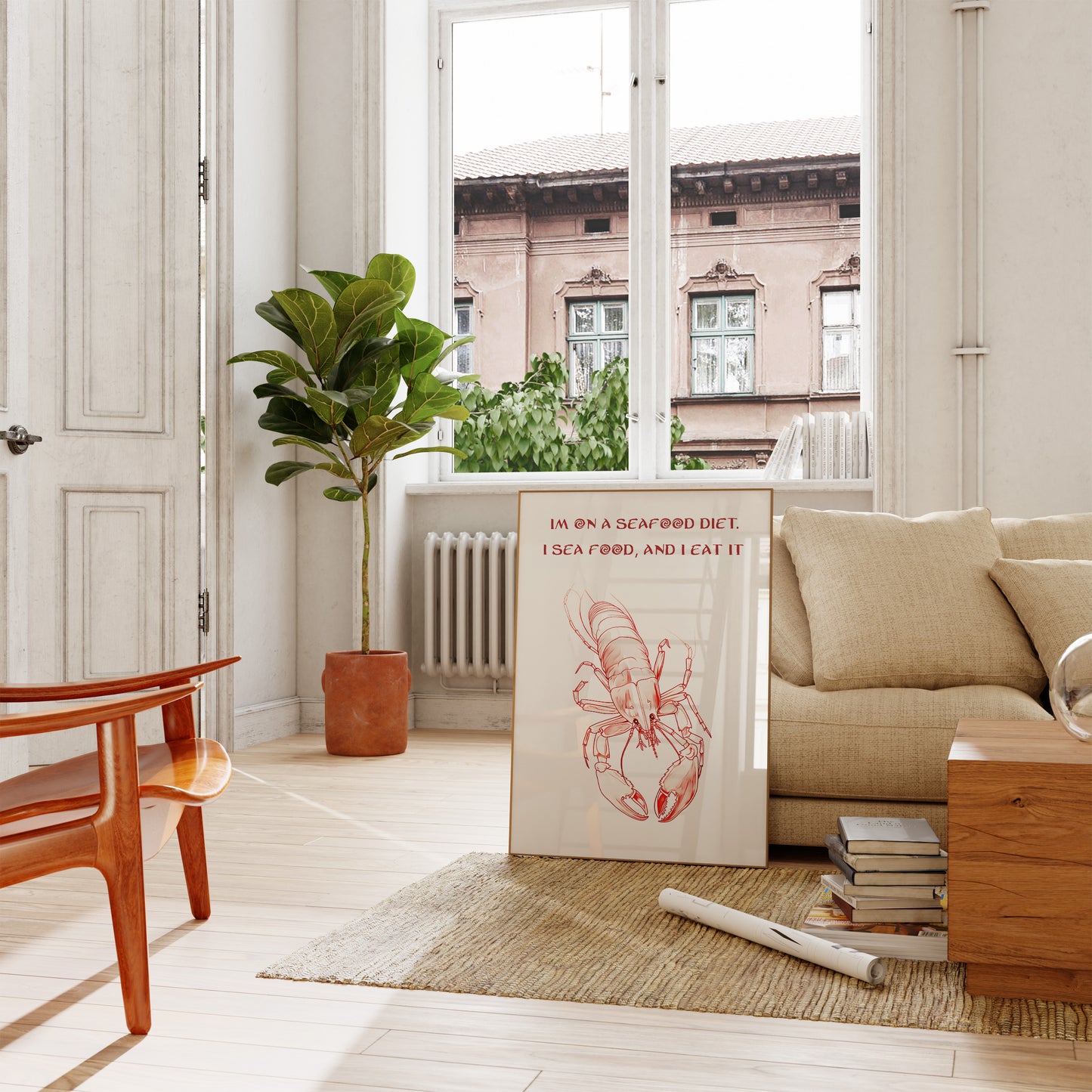 Cozy living room with a plant, a humorous seafood diet poster, and stylish furniture.