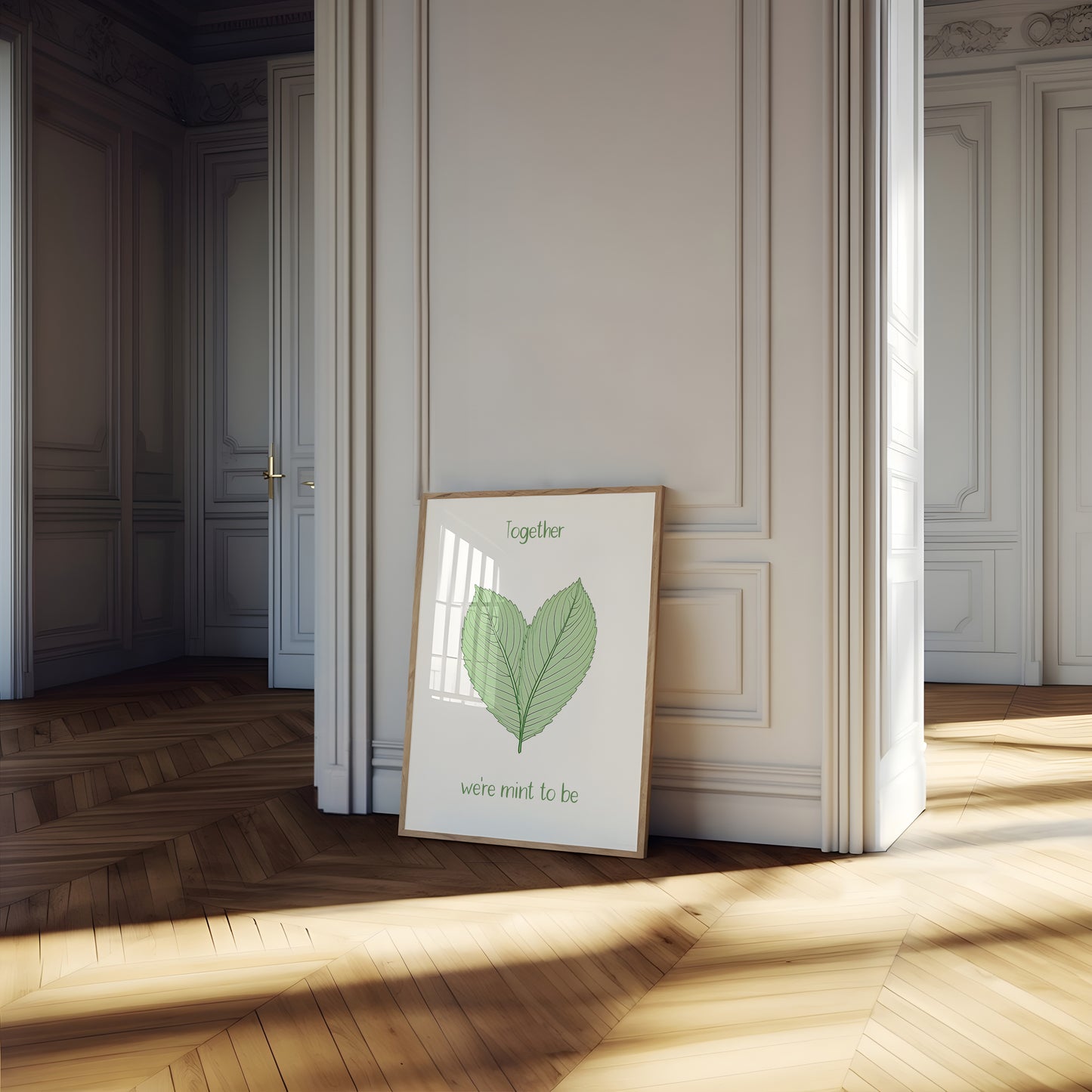 A framed picture with the text "Together we're mint to be" in a sunlit, elegant room.