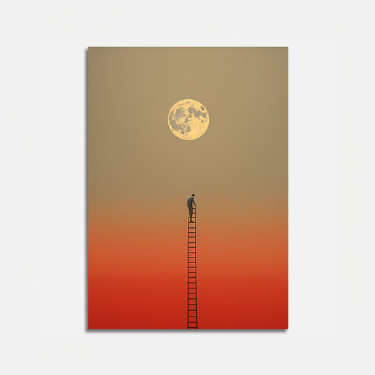 Person on a ladder reaching for the moon against a gradient sky.