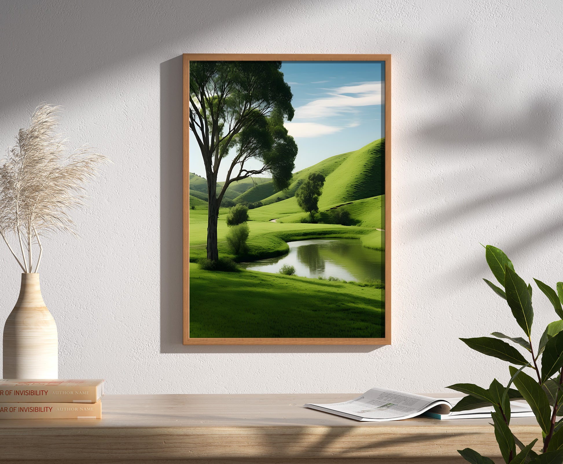 A framed landscape painting of rolling green hills and a serene pond on a wall.