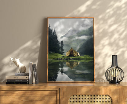 A framed landscape painting above a wooden cabinet with decor items.