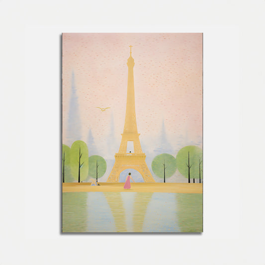 Artistic portrayal of the Eiffel Tower with trees, water, and a person in pink.