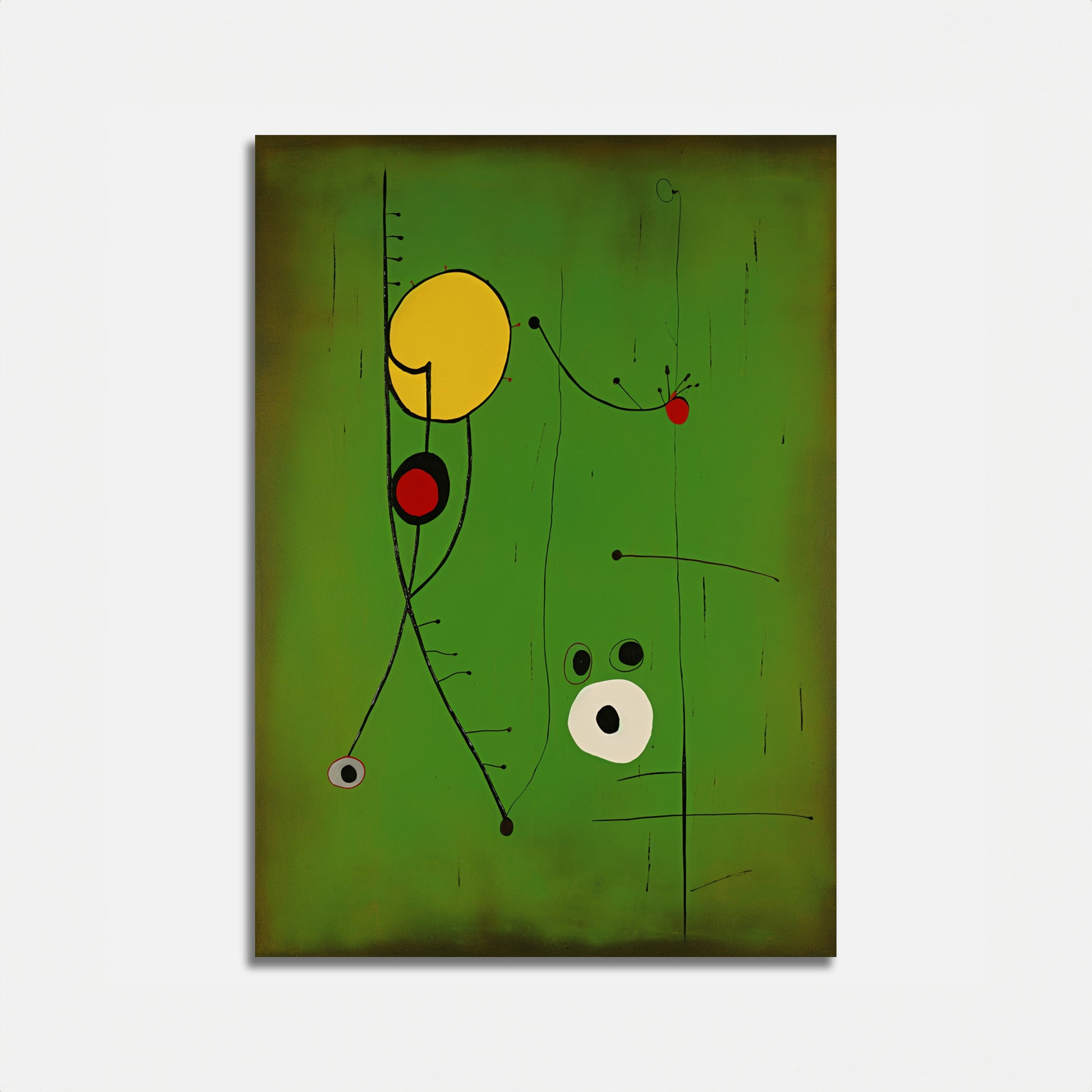 Abstract painting with geometric shapes and lines on a green background.