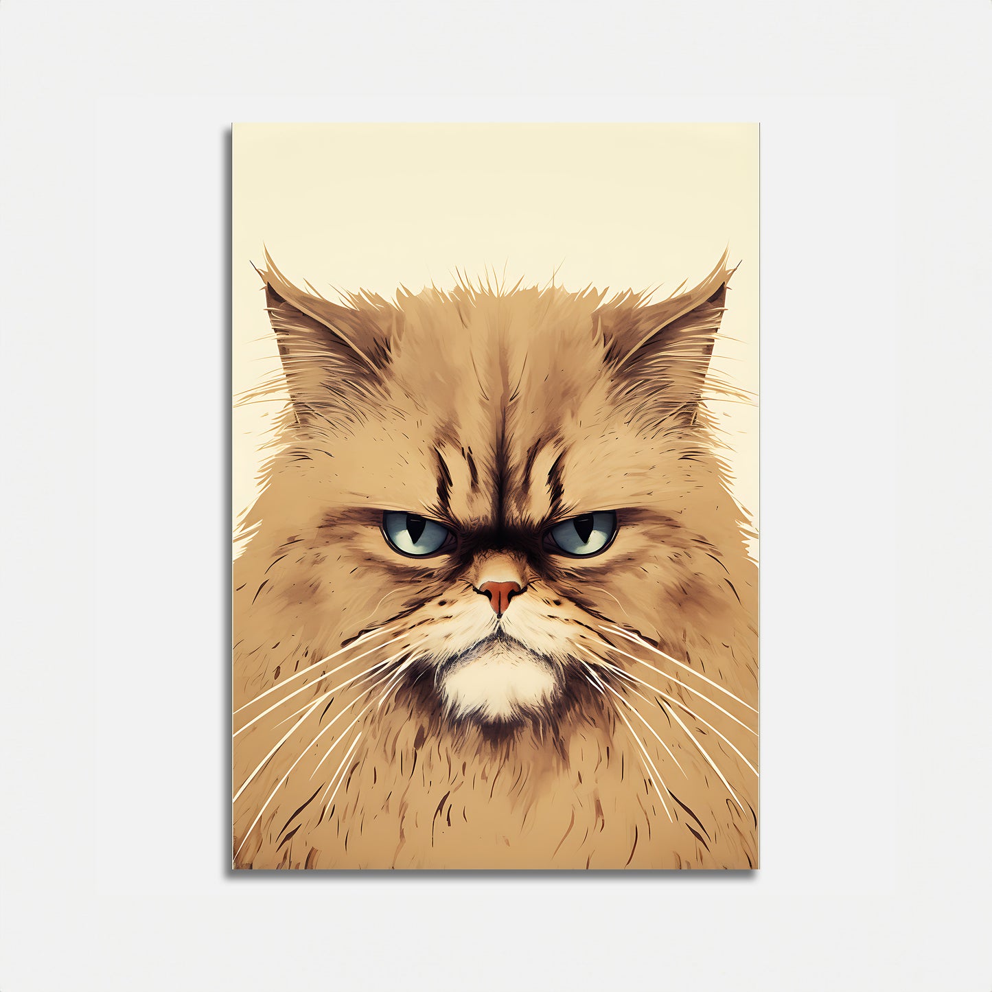 Illustration of a grumpy long-haired cat with piercing green eyes.