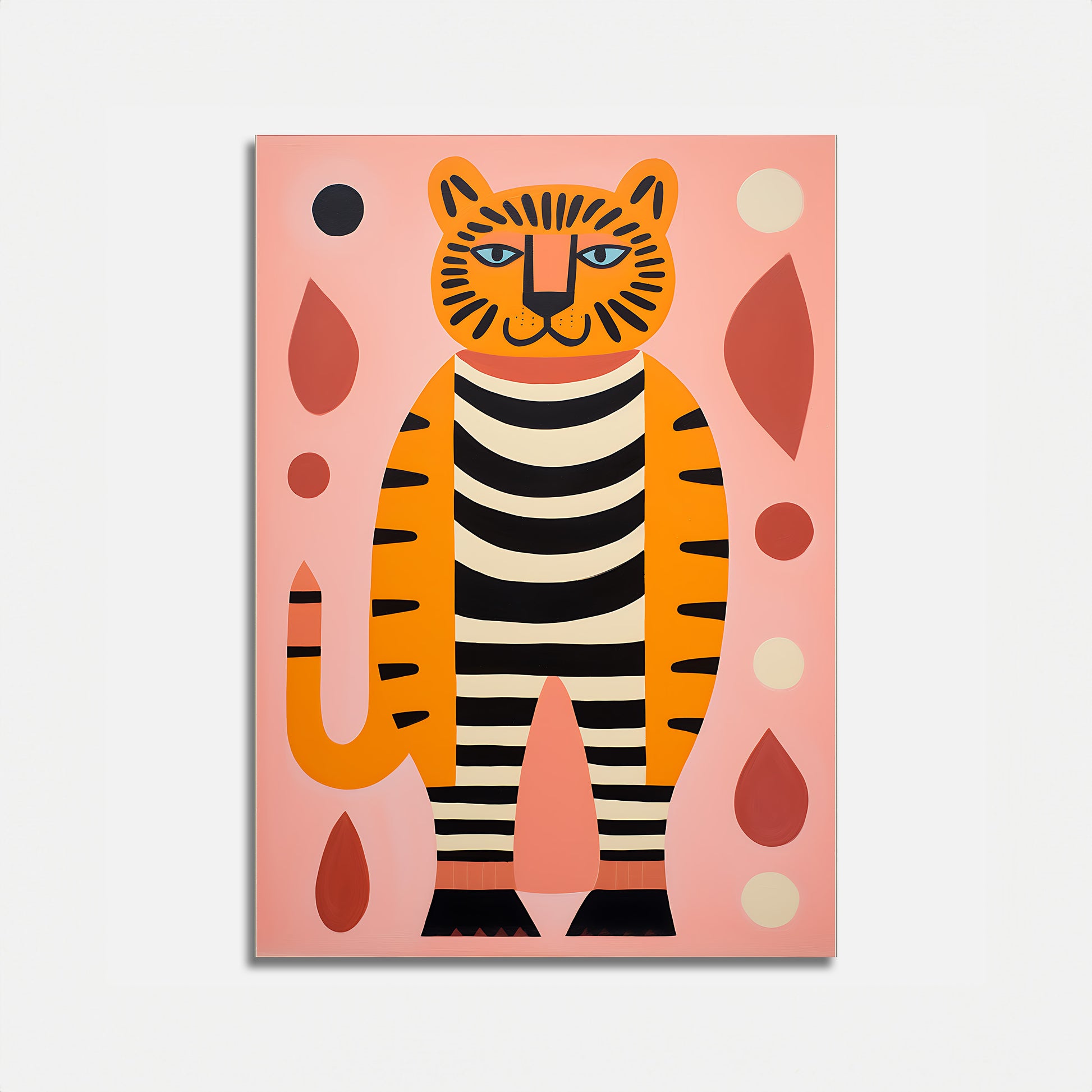 A colorful illustration of a stylized tiger on a pink background.