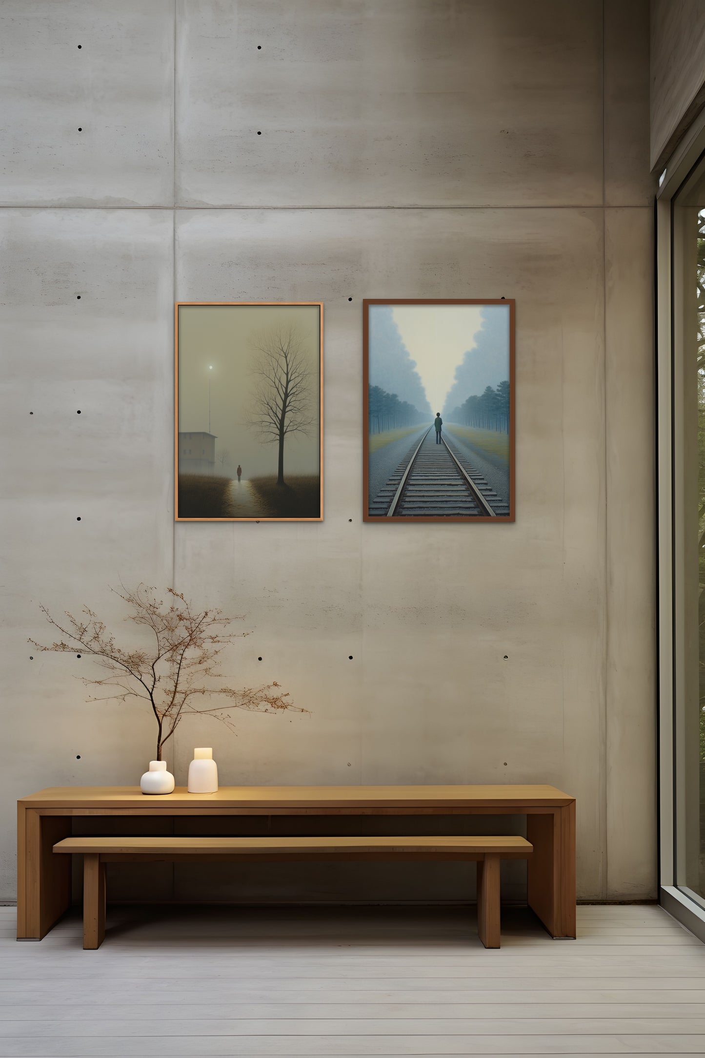 A minimalist interior with two framed paintings above a wooden bench and a small tree with a vase.
