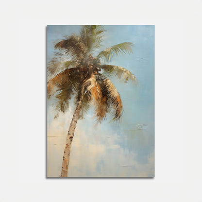 A painting of a single palm tree against a soft blue background.