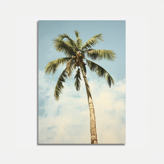 A single palm tree against a cloudy sky on a canvas.