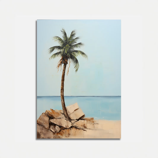 A painting of a lone palm tree on a rocky outcrop with a calm blue sea and clear sky in the background.