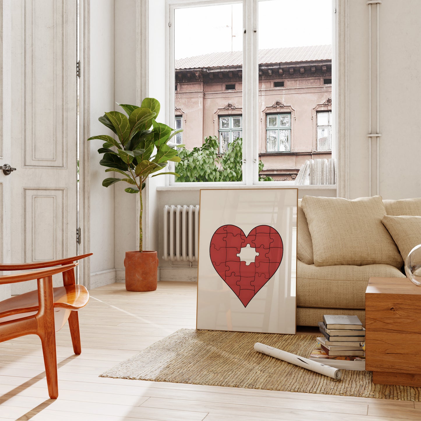 Modern living room with a jigsaw puzzle heart artwork leaning against the wall.
