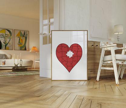 A puzzle heart artwork displayed in a modern living room.