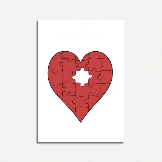A puzzle in the shape of a heart with one piece missing, on a white background.