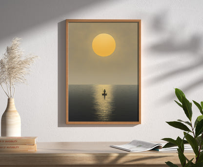 A framed poster of a sunset over water with a silhouette of a person on a boat, hanging on a wall beside indoor plants.