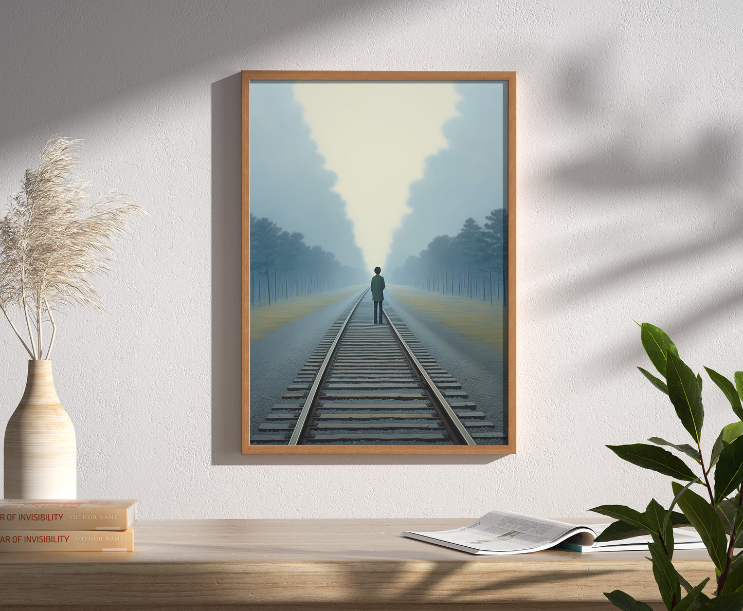 A framed painting on a wall depicting a person on train tracks leading into the horizon.