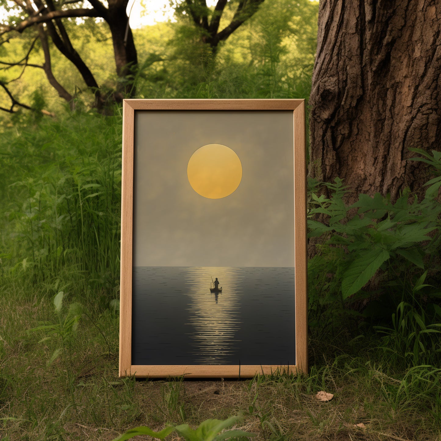 A framed painting of a golden moon over a calm lake and a lone figure, displayed against a wooded backdrop.
