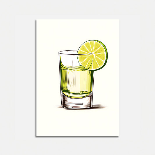 Illustration of a glass with a lime slice on a white background.