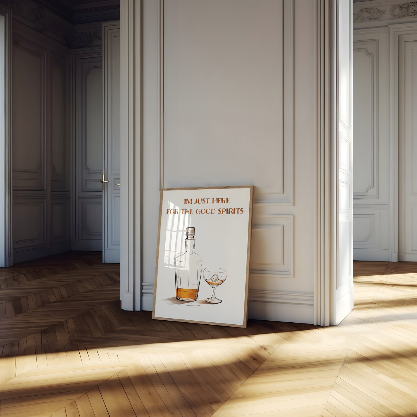 An illustrated poster in an elegant room saying "I'm just here for the good spirits" with an image of a bottle and a glass.