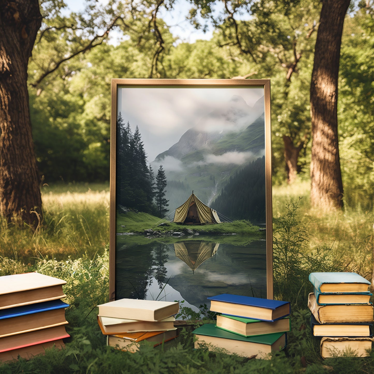 A serene landscape painting beside a stack of books in a forest setting.